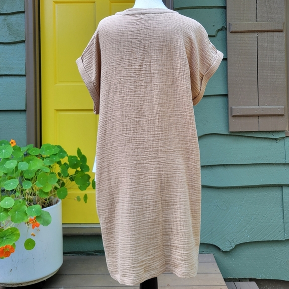 NWT Luxology Taupe Cotton Gauze Dress XL | Coastal Neutral V Neck Boho - Picture 2 of 13